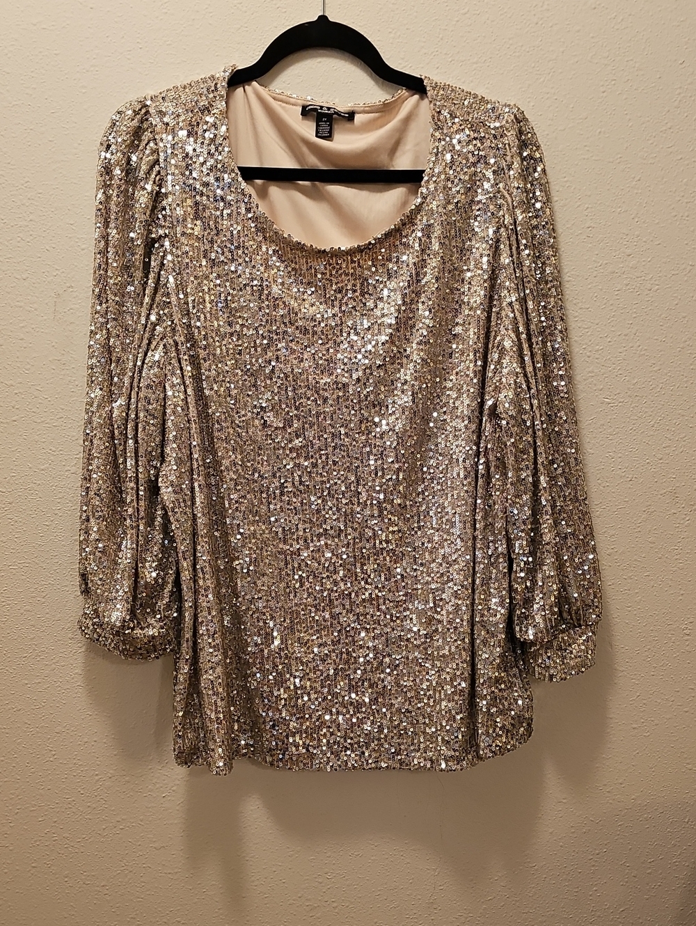 Cable & Gauge Sequin Puff-Sleeve Top - Champagne Gold